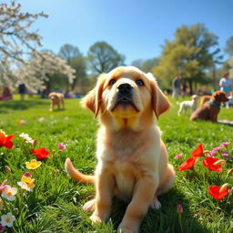 A playful golden retriever puppy sitting in a sunny park, surrounded by blooming flowers and lush green grass, with a bright blue sky overhead