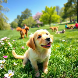 A playful golden retriever puppy sitting in a sunny park, surrounded by blooming flowers and lush green grass, with a bright blue sky overhead