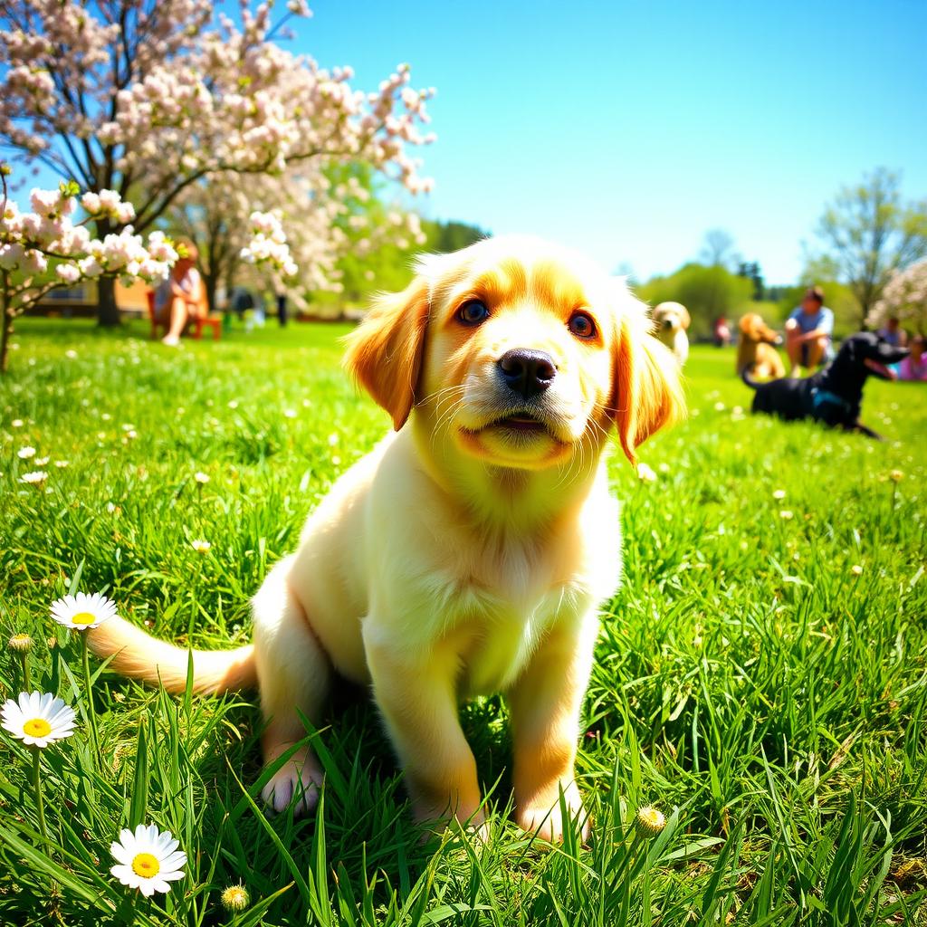 A playful golden retriever puppy sitting in a sunny park, surrounded by blooming flowers and lush green grass, with a bright blue sky overhead