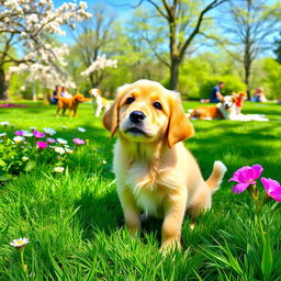 A playful golden retriever puppy sitting in a sunny park, surrounded by blooming flowers and lush green grass, with a bright blue sky overhead