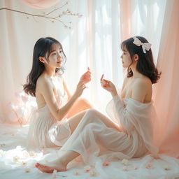 Cute Korean girls in an artistic, tasteful nude setting, surrounded by soft pastel colors and natural light, showcasing their natural beauty and grace