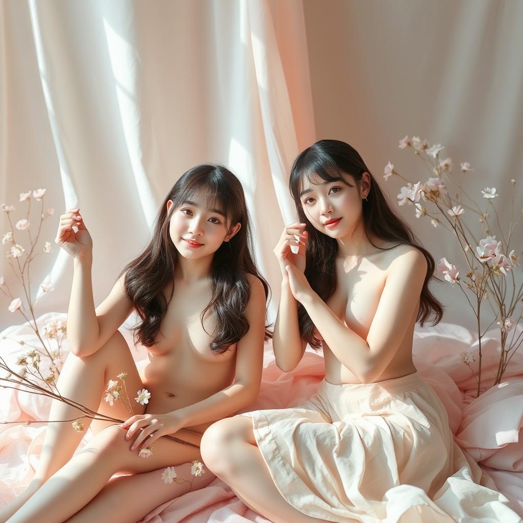 Cute Korean girls in an artistic, tasteful nude setting, surrounded by soft pastel colors and natural light, showcasing their natural beauty and grace