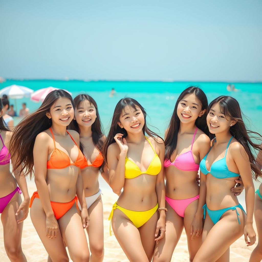A collection of cute Korean girls enjoying a sunny beach day in vibrant bikinis, showcasing their joyful expressions and playful poses