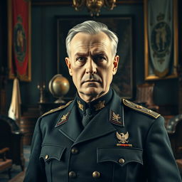 A portrait of a historical figure resembling an authoritative leader from the early 20th century, wearing a military uniform with distinctive insignias, standing in a grand, imposing office filled with period furniture