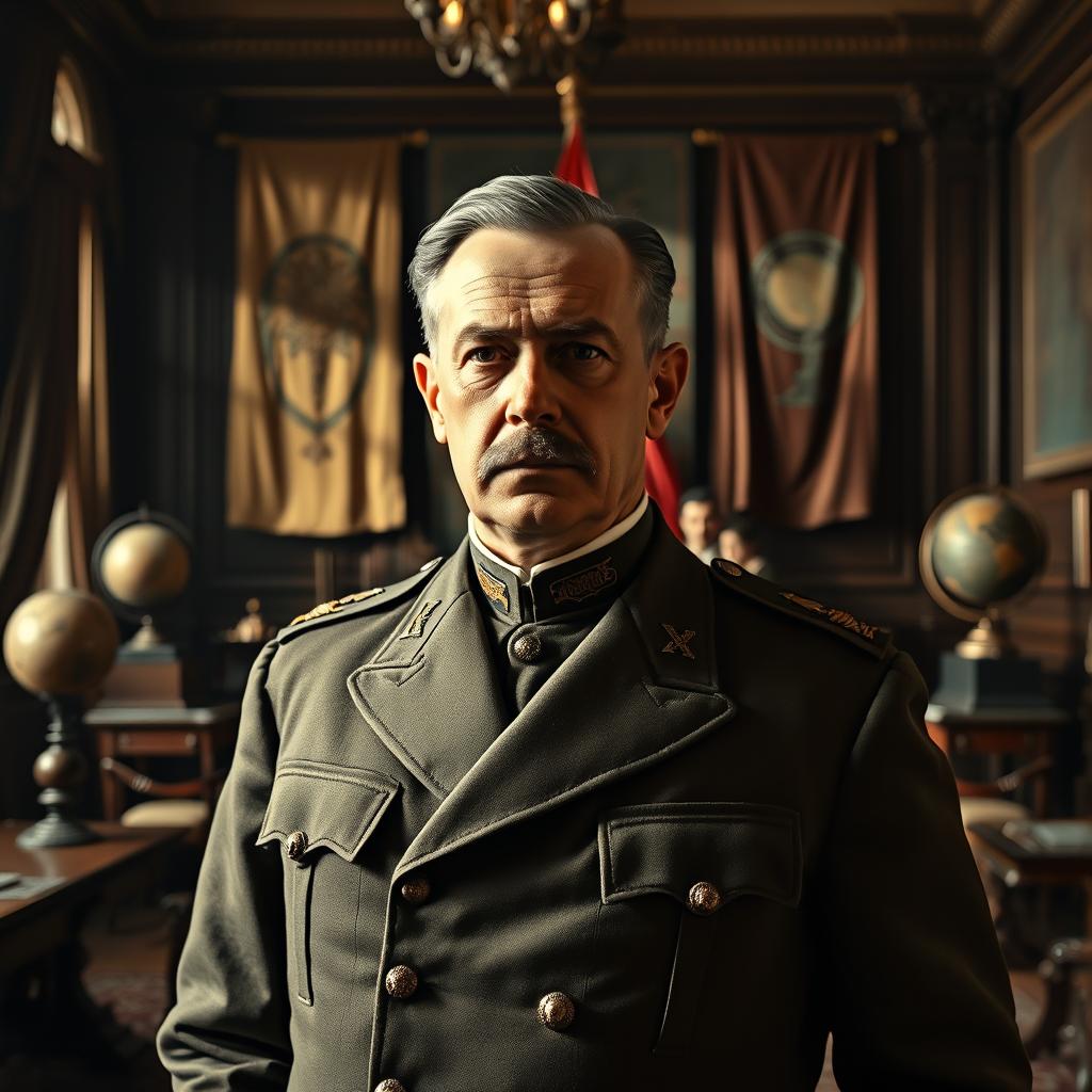 A portrait of a historical figure resembling an authoritative leader from the early 20th century, wearing a military uniform with distinctive insignias, standing in a grand, imposing office filled with period furniture