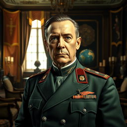 A portrait of a historical figure resembling an authoritative leader from the early 20th century, wearing a military uniform with distinctive insignias, standing in a grand, imposing office filled with period furniture
