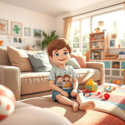 A charming scene of a young boy sitting on a cozy couch in a brightly lit living room