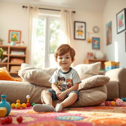 A charming scene of a young boy sitting on a cozy couch in a brightly lit living room