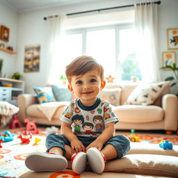 A charming scene of a young boy sitting on a cozy couch in a brightly lit living room