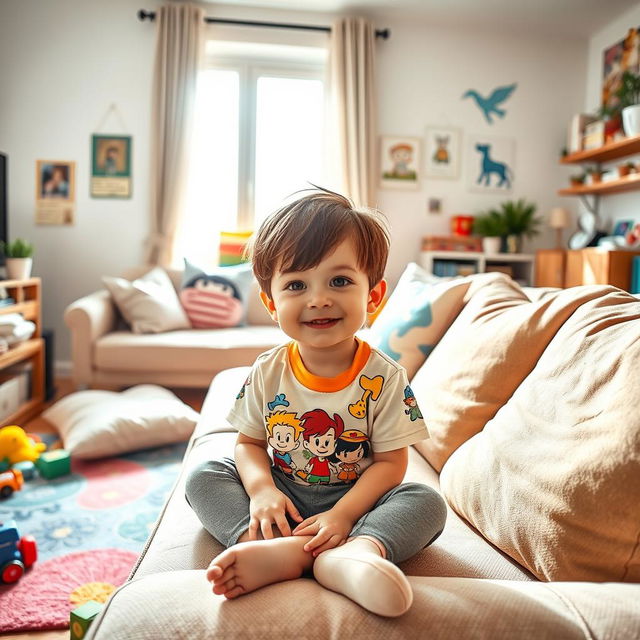 A charming scene of a young boy sitting on a cozy couch in a brightly lit living room