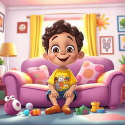 A colorful cartoon scene featuring a young boy sitting on a comfy couch in a cheerful living room