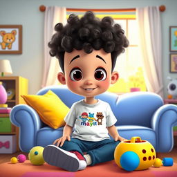 A colorful cartoon scene featuring a young boy sitting on a comfy couch in a cheerful living room