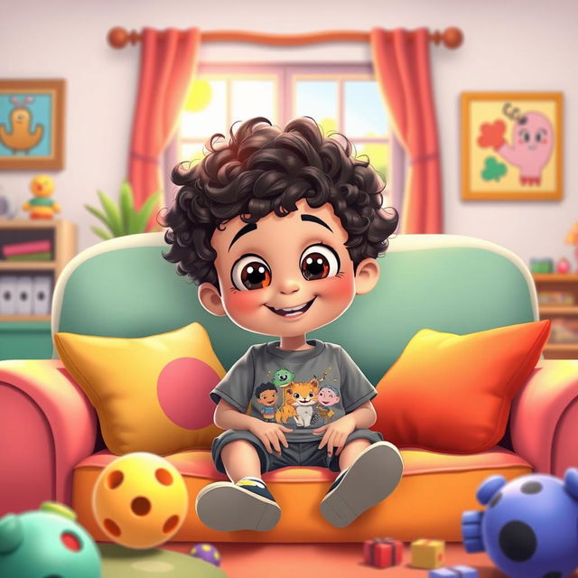 A colorful cartoon scene featuring a young boy sitting on a comfy couch in a cheerful living room