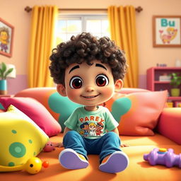 A colorful cartoon scene featuring a young boy sitting on a comfy couch in a cheerful living room
