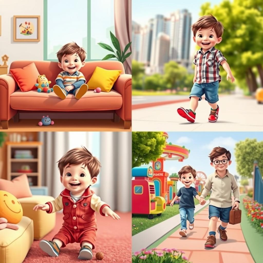 A series of four charming scenes featuring a young boy in different settings: 1) The first image shows the boy sitting comfortably on a cozy couch in his colorful living room, surrounded by toys and bright cushions