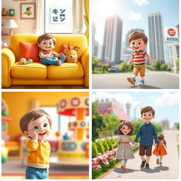 A series of four charming scenes featuring a young boy in different settings: 1) The first image shows the boy sitting comfortably on a cozy couch in his colorful living room, surrounded by toys and bright cushions