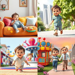 A series of four charming scenes featuring a young boy in different settings: 1) The first image shows the boy sitting comfortably on a cozy couch in his colorful living room, surrounded by toys and bright cushions