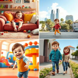 A series of four charming scenes featuring a young boy in different settings: 1) The first image shows the boy sitting comfortably on a cozy couch in his colorful living room, surrounded by toys and bright cushions