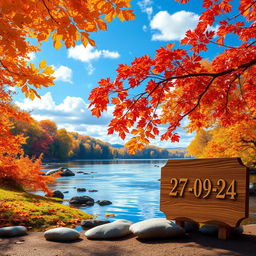 An updated digital image, showcasing a serene autumn landscape featuring colorful leaves in shades of orange, yellow, and red