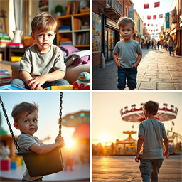 A series of four images featuring a young boy with a bored expression