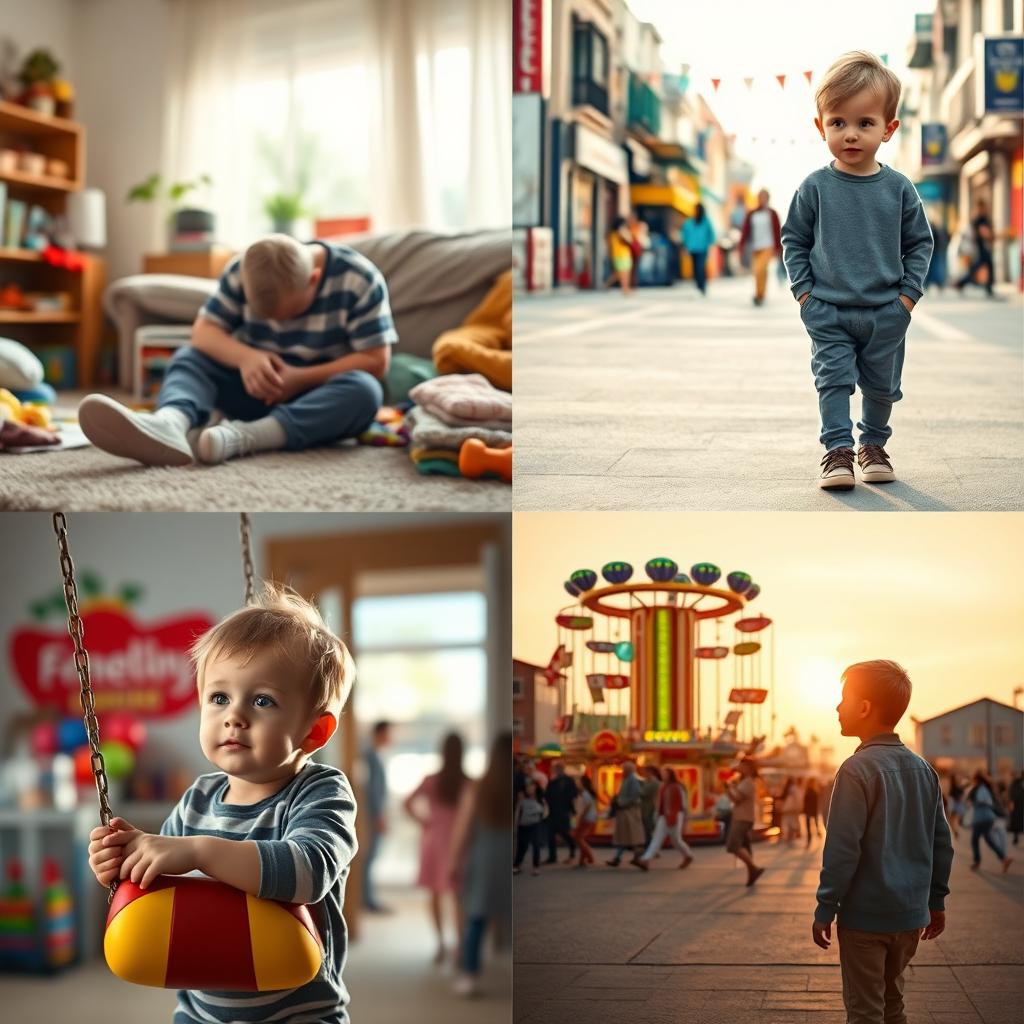 A series of four images featuring a young boy with a bored expression