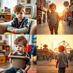A series of four images featuring a young boy with a bored expression