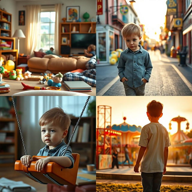 A series of four images featuring a young boy with a bored expression