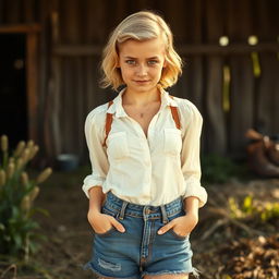 A cute and sexy young 1940s Scandinavian hillbilly farm girl, with freckles and short blonde hair, is depicted in a rustic farm setting