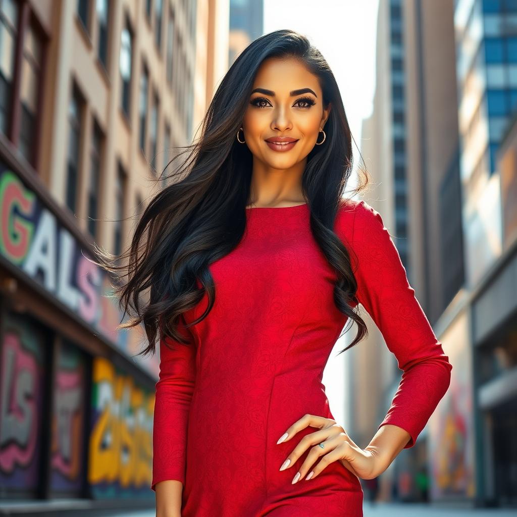 A full-body portrait of a confident, elegantly dressed woman standing in a vibrant urban setting