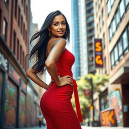 A full-body portrait of a confident, elegantly dressed woman standing in a vibrant urban setting