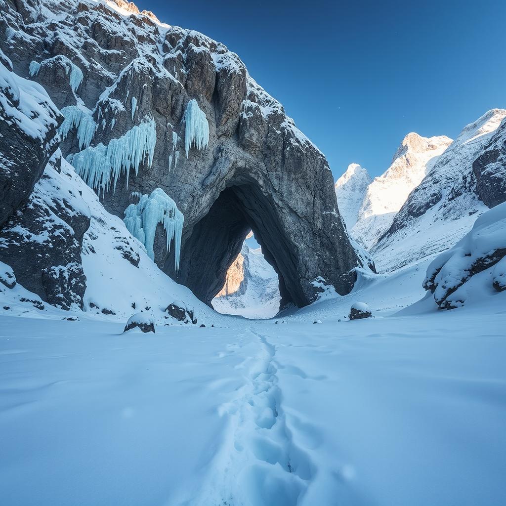 A stunning landscape featuring a dramatic cave entrance surrounded by snow-covered terrain