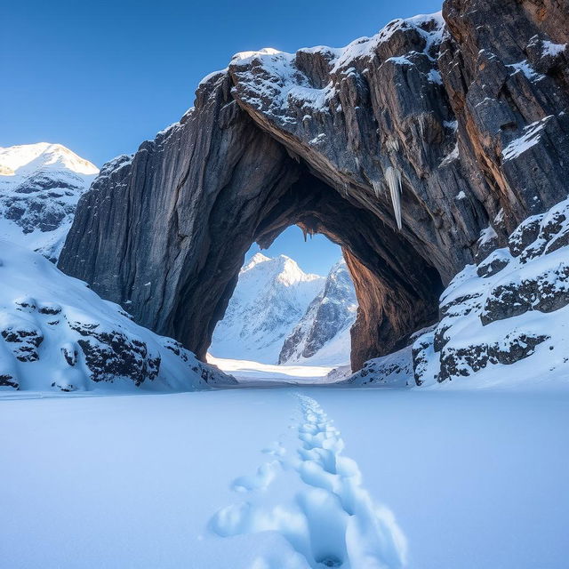 A stunning landscape featuring a dramatic cave entrance surrounded by snow-covered terrain