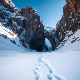 A stunning landscape featuring a dramatic cave entrance surrounded by snow-covered terrain