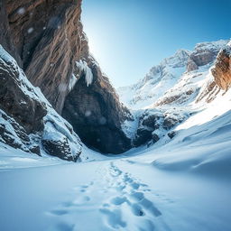 A stunning landscape featuring a dramatic cave entrance surrounded by snow-covered terrain