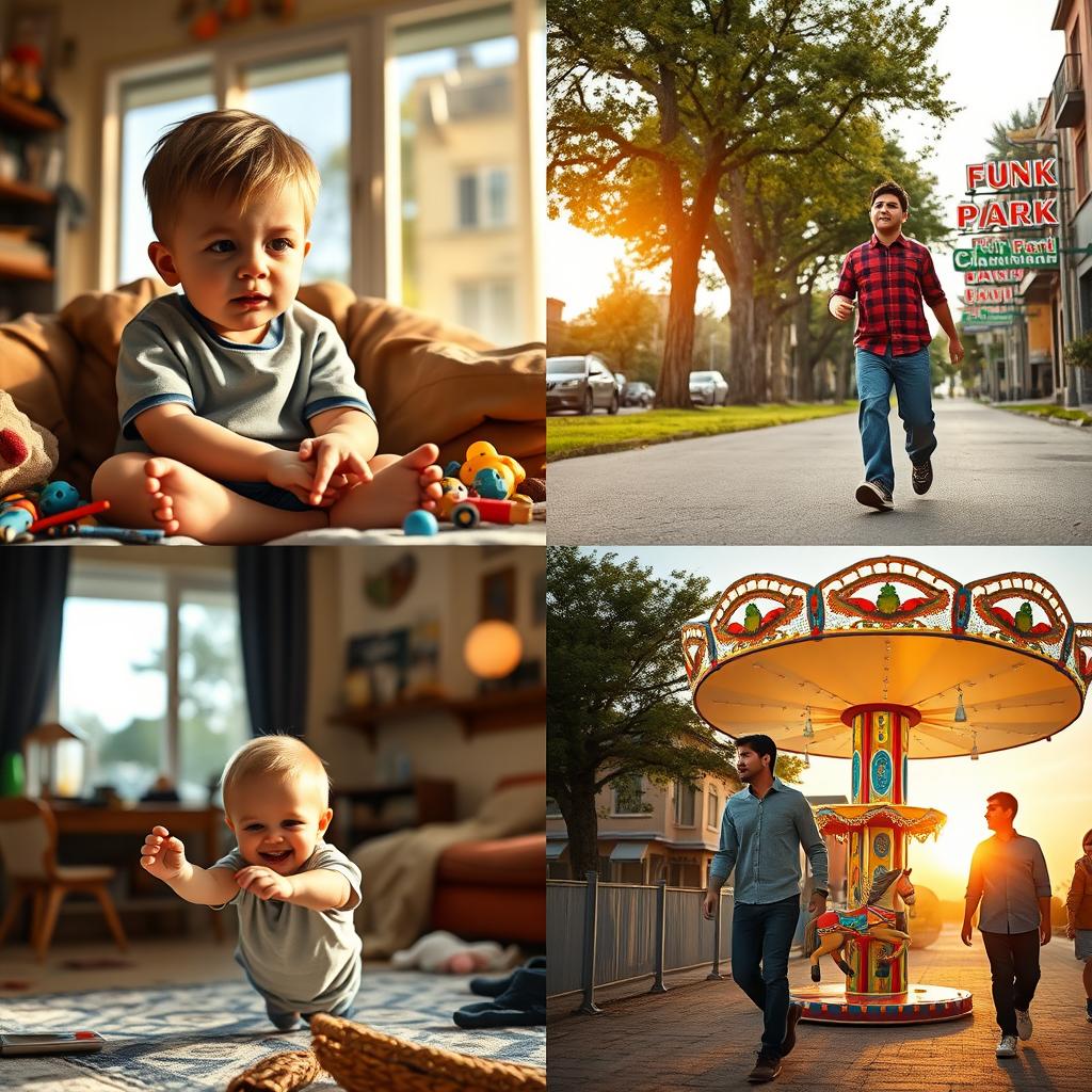 A series of four images depicting the life of a boy