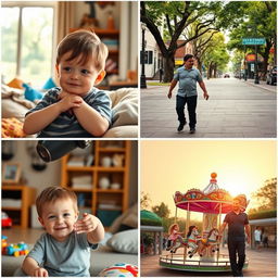 A series of four images depicting the life of a boy