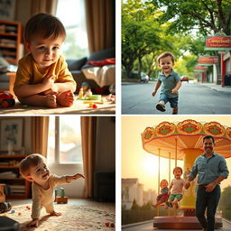 A series of four images depicting the life of a boy