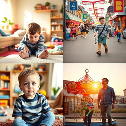 A series of four images featuring a young boy with a bored expression