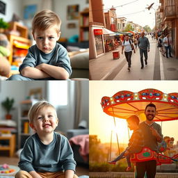 A series of four images featuring a young boy with a bored expression