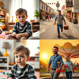 A series of four images featuring a young boy with a bored expression