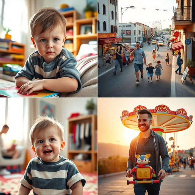 A series of four images featuring a young boy with a bored expression