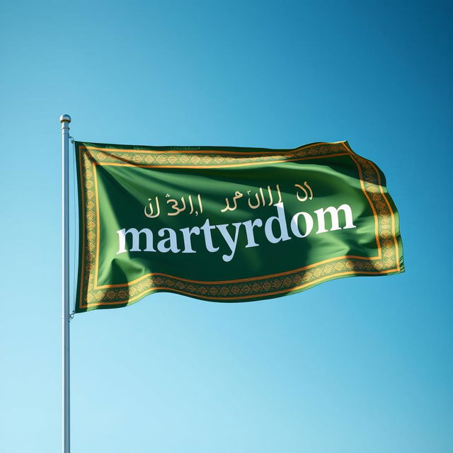 An artistic depiction of an Islamic flag prominently displayed with the word 'martyrdom' elegantly woven into the fabric design