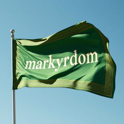 An artistic depiction of an Islamic flag prominently displayed with the word 'martyrdom' elegantly woven into the fabric design