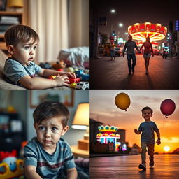 A young boy sitting at home looking bored, with toys scattered around him, soft lighting, a cozy atmosphere