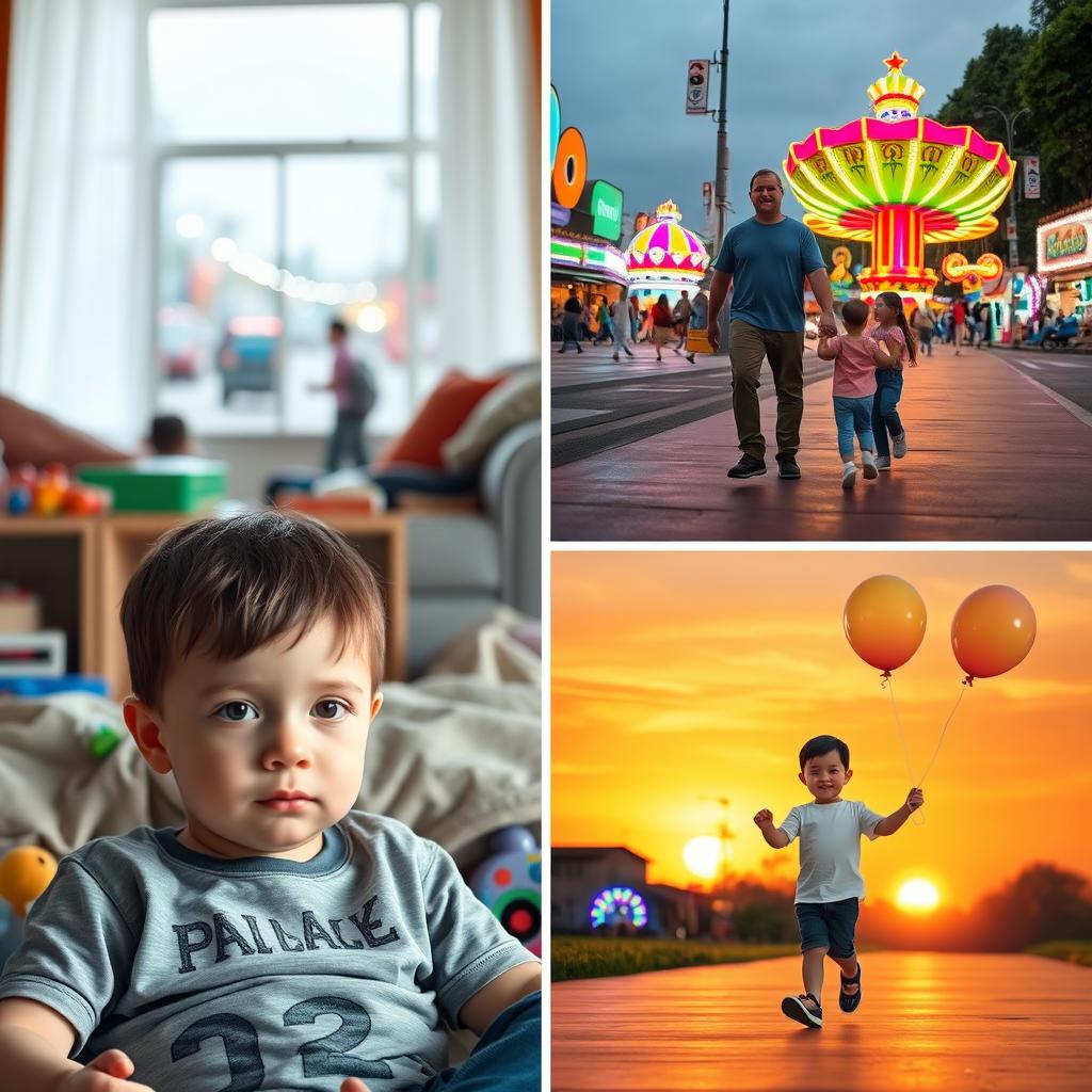 A young boy sitting at home looking bored, with toys scattered around him, soft lighting, a cozy atmosphere