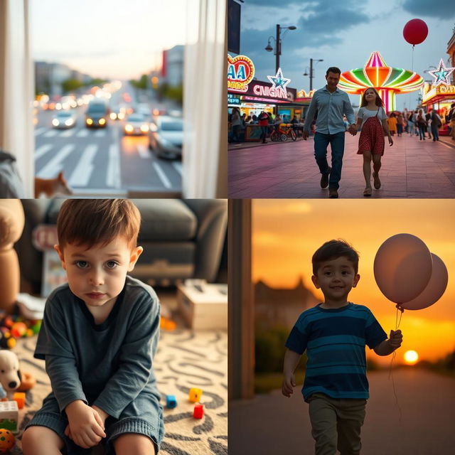 A young boy sitting at home looking bored, with toys scattered around him, soft lighting, a cozy atmosphere