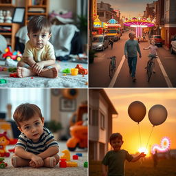 A young boy sitting at home looking bored, with toys scattered around him, soft lighting, a cozy atmosphere