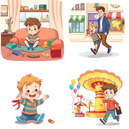 A series of four charming illustrations featuring a young boy in various scenes