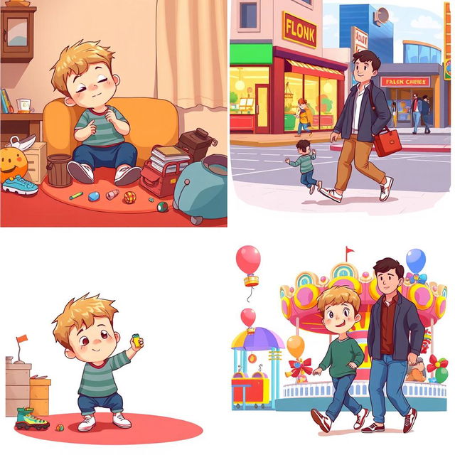 A series of four charming illustrations featuring a young boy in various scenes