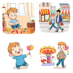 A series of four charming illustrations featuring a young boy in various scenes